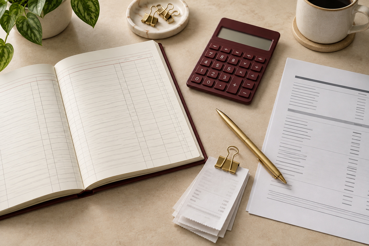 Open bookkeeping ledger, maroon calculator, receipts, and a gold pen