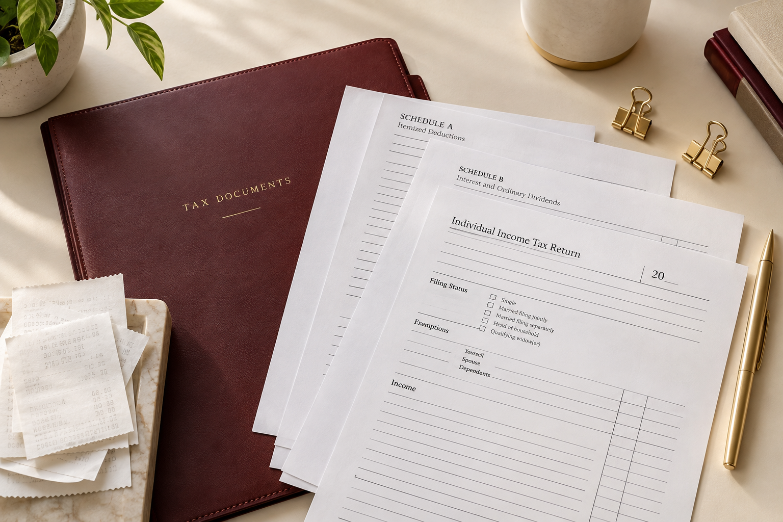 Organized tax forms, receipts, a maroon document folder, and a gold pen