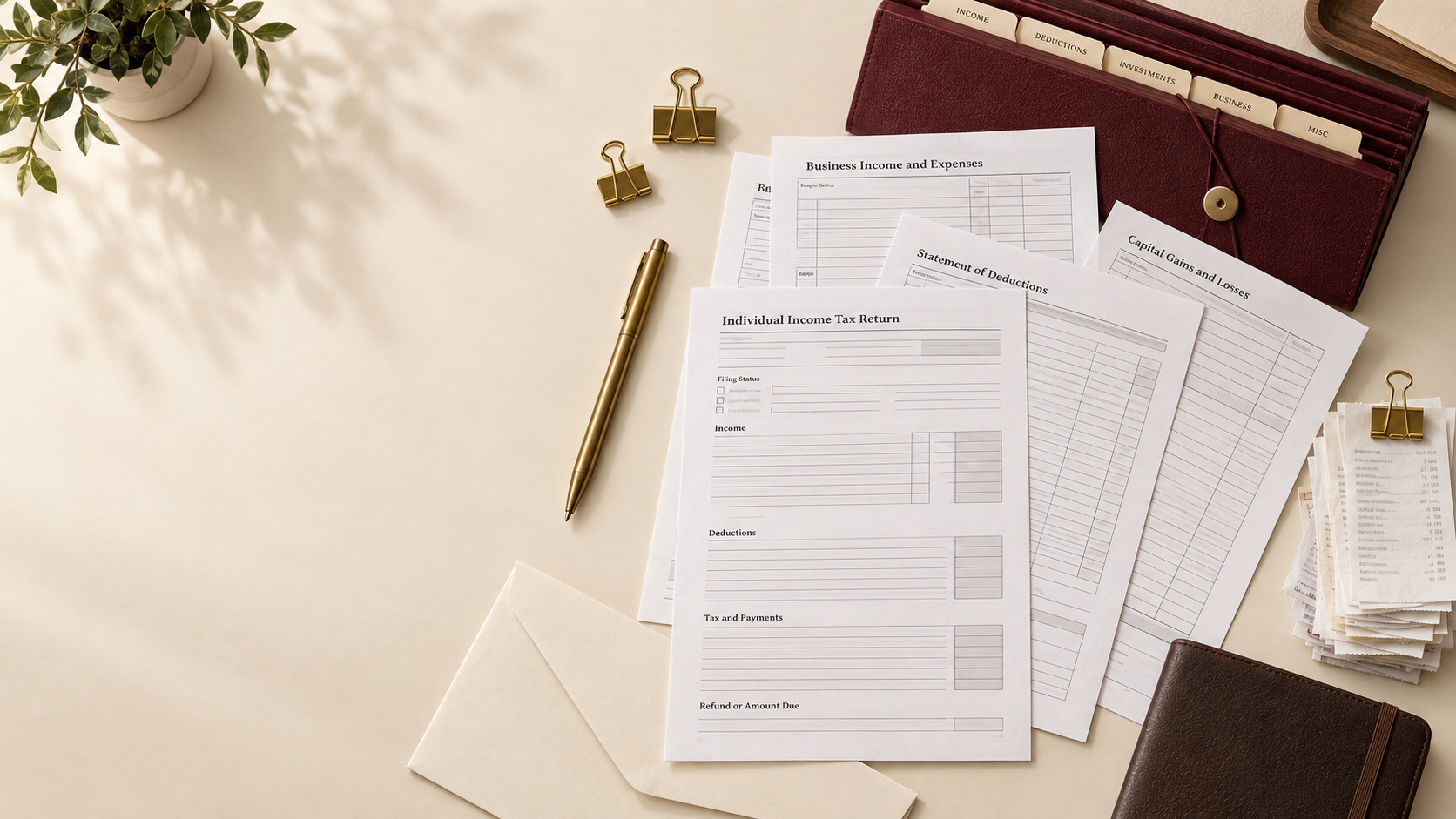 Organized tax documents, a maroon file, and gold office tools